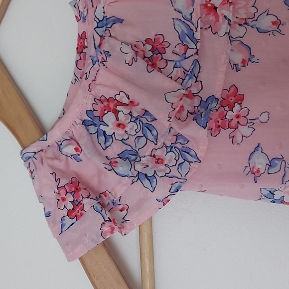 Janie & Jack Pink Floral And Swiss Dot Dress With Ruffles And Blue Ribbon Waist - Picture 3 of 8